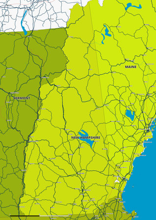 A detailed editable vector map of the US state of New Hampshire. The map highlights state boundaries, major cities, highways, rivers, and geographic features. Ideal for designのイラスト素材