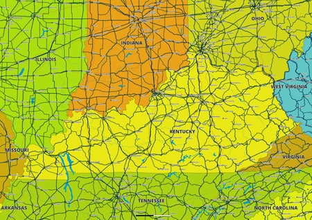 A detailed editable vector map of the US state of Kentucky. The map highlights state boundaries, major cities, highways, rivers, and geographic features. Ideal for design and preのイラスト素材