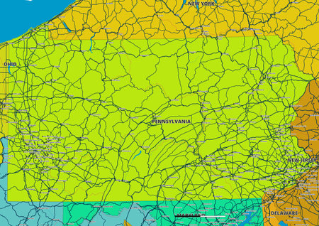 A detailed editable vector map of the US state of Pennsylvania. The map highlights state boundaries, major cities, highways, rivers, and geographic features. Ideal for design andのイラスト素材