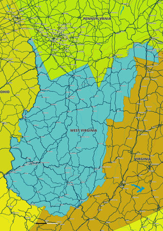 A detailed editable vector map of the US state of West Virginia. The map highlights state boundaries, major cities, highways, rivers, and geographic features. Ideal for designのイラスト素材