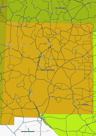 A detailed editable vector map of the US state of New Mexico. The map highlights state boundaries, major cities, highways, rivers, and geographic features. Ideal for design and pのイラスト素材