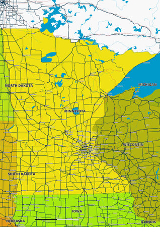A detailed editable vector map of the US state of Minnesota. The map highlights state boundaries, major cities, highways, rivers, and geographic features. Ideal for design and prのイラスト素材