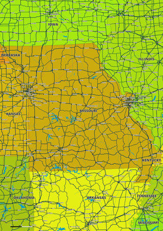 A detailed editable vector map of the US state of Missouri. The map highlights state boundaries, major cities, highways, rivers, and geographic features. Ideal for design and preのイラスト素材