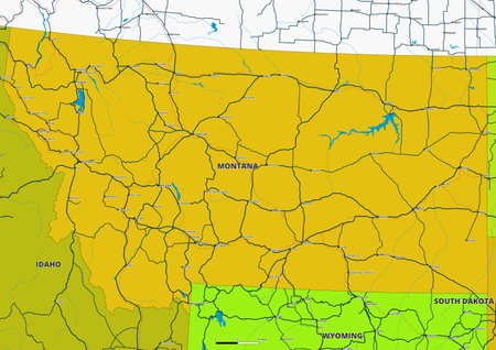 A detailed editable vector map of the US state of Montana. The map highlights state boundaries, major cities, highways, rivers, and geographic features. Ideal for design and pressのイラスト素材