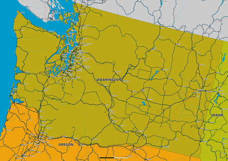 A detailed editable vector map of the US state of Washington. The map highlights state boundaries, major cities, highways, rivers, and geographic features. Ideal for design and pのイラスト素材