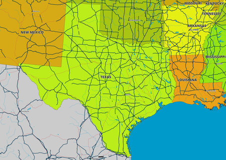 A detailed editable vector map of the US state of Texas. The map highlights state boundaries, major cities, highways, rivers, and geographic features. Ideal for design and presentationのイラスト素材