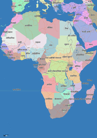 Detailed editable vector map of Africa in Hindi language. The map highlights countries boundaries, major cities, highways, rivers, and geographic features.のイラスト素材