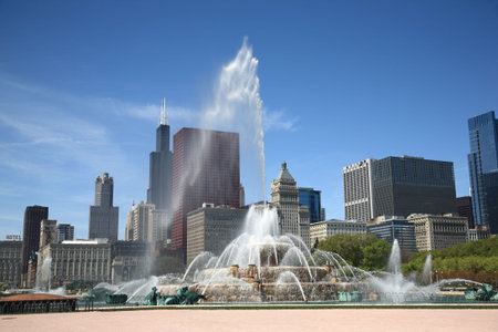 Chicago Skyline and Fountainの写真素材
