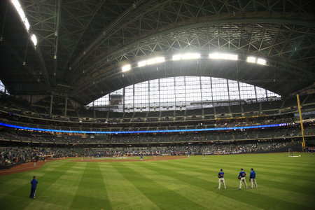 Milwaukee, Wisconsin - April 24, 2010: Brewers baseball players prepare for a game against the Chicago Cubs under a closed dome at Miller Parkのeditorial素材