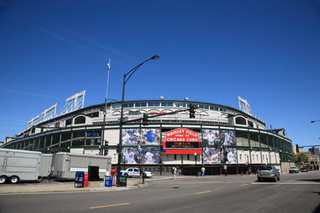 Chicago, Illinois - April 26, 2010:  A new look for historic Wrigley Field and the famous welcome sign of the Chicago Cubsのeditorial素材