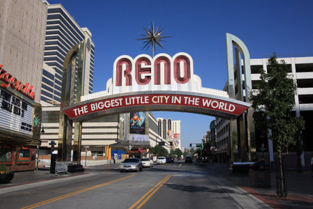 Reno, Nevada - September 22, 2008: Vintage Virginia Street welcome in Nevada gaming city on a sunny dayのeditorial素材