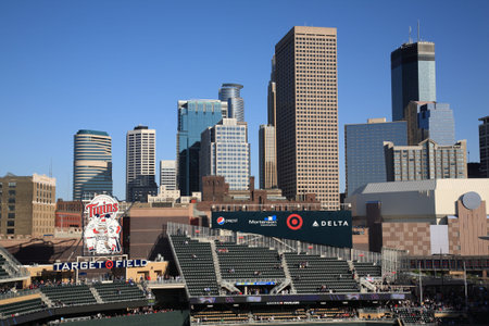 Minneapolis, April 21, 2010: Target Field, brand new ballpark of the Minnesota Twins features a view of the skylineのeditorial素材