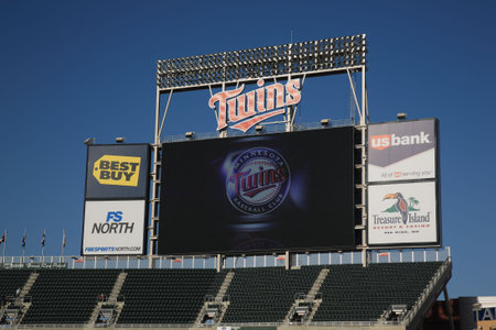 Minneapolis, April 21, 2010: Scoreboard featuring classic Minnesota Twins logos installed at Target Field, the new Twin Cities outdoor stadiumのeditorial素材