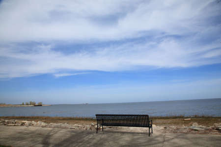 Lake and Park Benchの写真素材