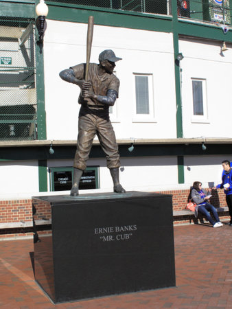 Chicago, Illinois - April 26, 2010: Ernie Banks statue at Wrigley Field, home of the Chicago Cubsのeditorial素材