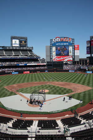 New York, April 05, 2009: Mets fans watch early season batting practice at Citi Field.のeditorial素材