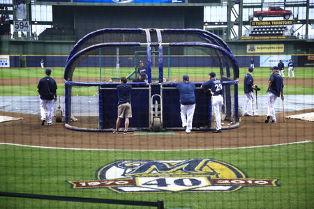 Milwaukee, Wisconsin - April 24, 2010: Batting practice at Miller Park before a Brewers game against the Chicago Cubs.のeditorial素材