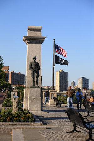 Weehawken, New Jersey - April 29, 2012: World War I Veterans Memorial Park and Tourists.のeditorial素材