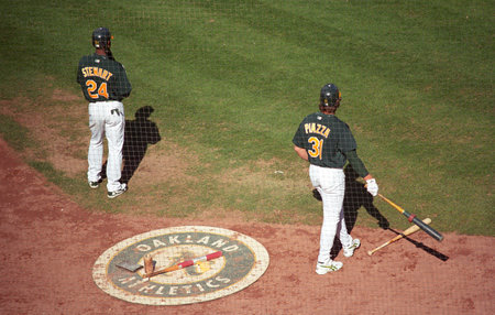 Oakland, California - September 19, 2007: Mike Piazza and Shannon Stewart on deck during an A's baseball game at Oakland Coliseum.のeditorial素材