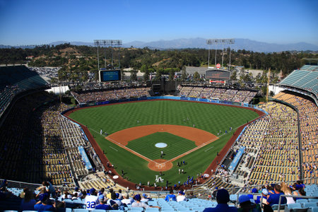 Los Angeles - June 30, 2012: A sunny day baseball game at Dodger Stadium.のeditorial素材