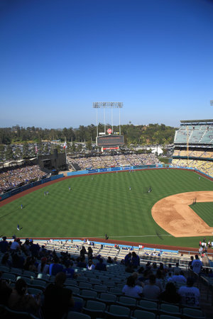 Los Angeles - July 1, 2012: Batting practice before a Dodgers baseball game at Dodger Stadium.のeditorial素材