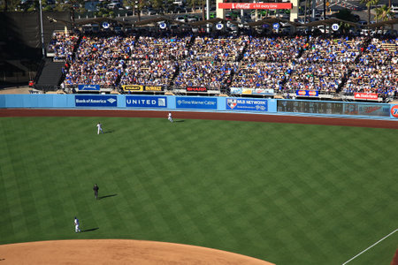 Los Angeles - June 30, 2012: Outfield and bleachers at a Dodgers baseball game at Dodger Stadium.のeditorial素材