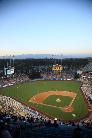 Los Angeles - July 1, 2012: Dodger Stadium at dusk for a baseball game in Los Angeles.