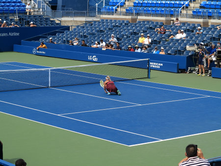 Flushing, New York - September 3, 2014: Andrea Hlavackova crouches at Louis Armstrong Stadium, during the 2014 US Open Tennis Championships.のeditorial素材