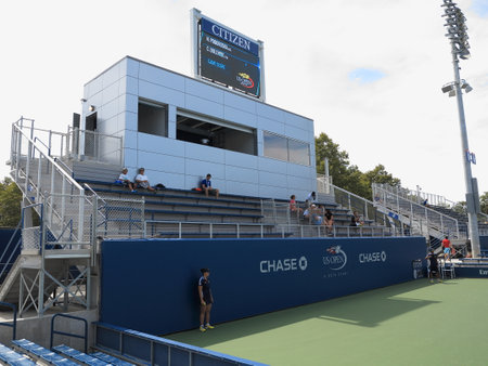 Flushing, New York - September 3, 2014: Fans in the bleachers at a women\'s singles junior match at the 2014 US Open Tennis Championships.のeditorial素材
