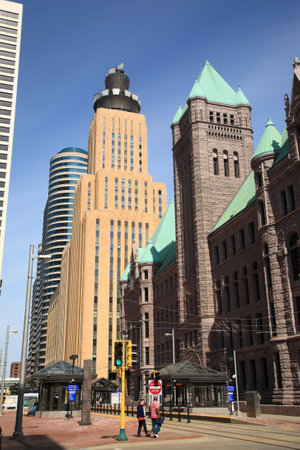 Minneapolis, Minnesota - April 21, 2010: Minneapolis City Hall Building with CenturyLink Building, left.のeditorial素材