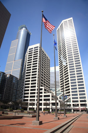 Minneapolis, Minnesota - April 21, 2010: Skyscrapers of Minneapolis surround a courtyard.のeditorial素材