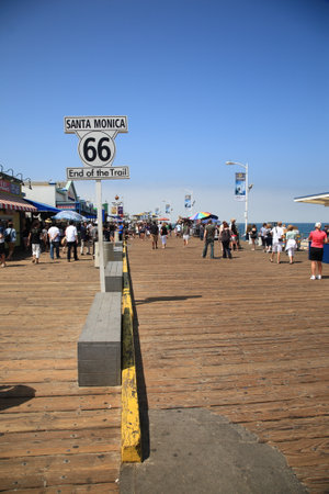 Santa Monica, California - July 1, 2012: Traditional western terminus of Route 66 on the Santa Monica Pier in California,のeditorial素材