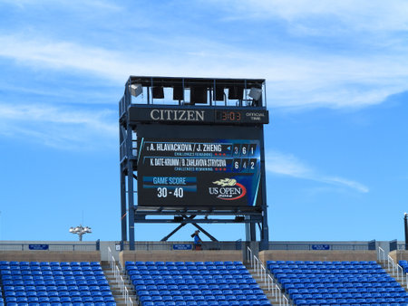 Flushing, New York - September 3, 2014: Scoreboard at Louis Armstrong Stadium, the original US Open venue at the Billie Jean King Tennis Center during a 2014 doubles match.のeditorial素材