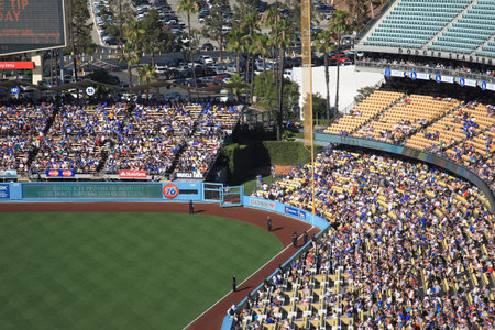 Los Angeles - June 30, 2012: Bullpen and fans at baseball game at Dodger Stadium, home of the Los...