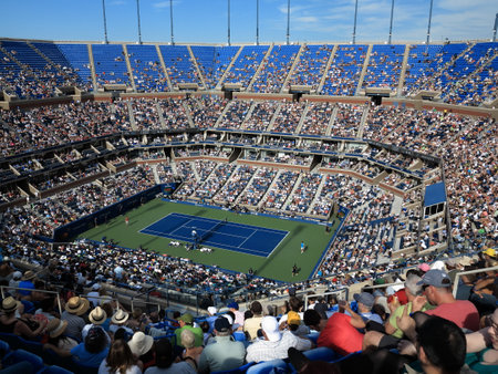 Flushing, New York - September 3, 2014: A crowded Arthur Ashe Stadium for a 2014 U.S. Open tennis match, Nishikori vs Wawrinki.のeditorial素材