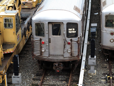 New York- September 6, 2017: Number 7 subway trains lined up in the Corona Yard in Queens.