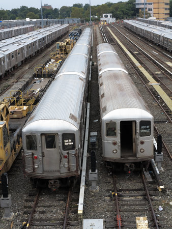 New York- September 6, 2017: Number 7 subway trains lined up in the Corona Yard in Queens.のeditorial素材