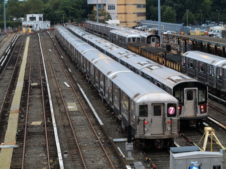 New York- September 6, 2017: Number 7 subway trains lined up in the Corona Yard in Queens.のeditorial素材