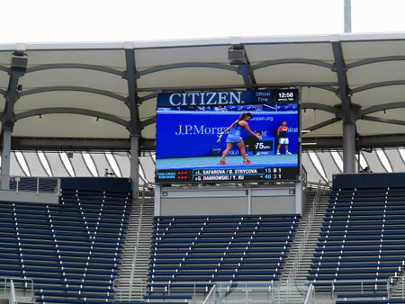 Flushing, New York - September 6, 2017: Women's doubles match in 2017 on video screem at the new...
