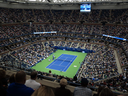 Flushing, New York - September 6, 2017: A crowded Arthur Ashe Stadium, under a closed roof, for a 2017 U.S. Open tennis match, Vandeweghe vs. Pliskova.のeditorial素材