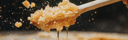 a close-up of golden honey dripping from a wooden dipper. sprinkles of honey flying in the background. Banner, photography with soft focus edges, subtle grainの素材
