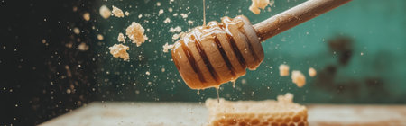 a close-up of golden honey dripping from a wooden dipper. Banner, horizontal photography with soft focus edges, subtle grainの素材