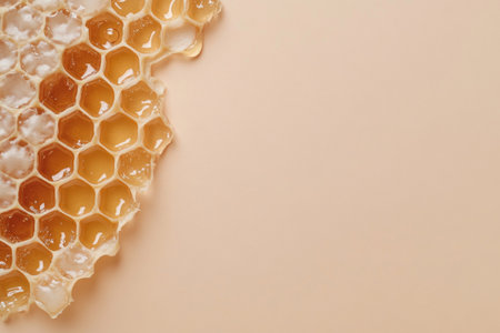 honeycomb of bees. Horizontal photography of a honey-themed frame with golden honeycombs and flowing honey drops along the edges of honey with wax. Empty space for text. Soft focus edgesの素材