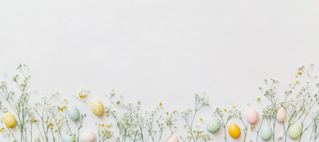 Flat lay featuring hand-painted  soft pastel eggs, surrounded by dried flowers, vintage French-style photography with soft focus edges, subtle grain. Spring theme, empty space for text, bannerの素材
