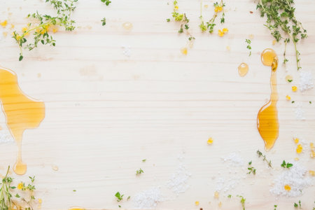 Rustic honey and herbs on a wooden cutting board â natural and organic culinary background, subtle grain, soft focus edges, vintage photo. Empty space for textの素材