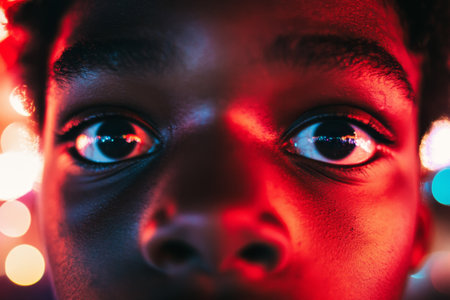 Close-up of bulging eyes with red illuminationの素材