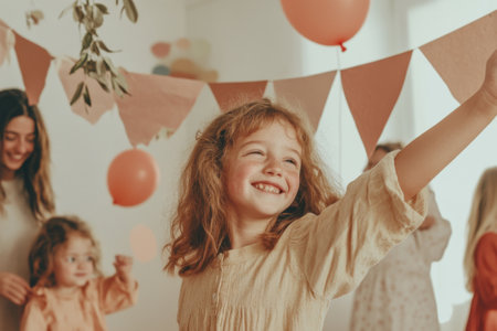 Children celebrating a birthday party indoors with balloons and festive bunting, retro photoの素材