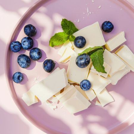 Charming flatlay of white chocolate pieces with blueberries and mint on a pink plateの素材