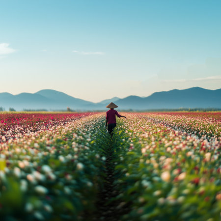 Idyllic countryside scene of a person in a conical hat walking through a vast, flower-filled fieldの素材