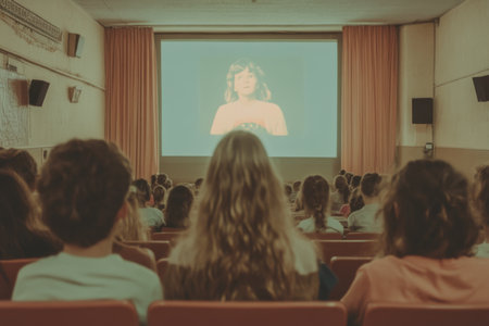 Audience seated in theater facing screen during presentation or movie screening, vintage photoの素材